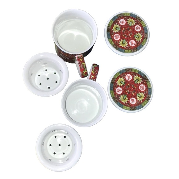 Eastern Asian Jingdezhen Red Longevity Lotus Porcelain Tea Infuser Lidded Cups - Picture 8 of 12